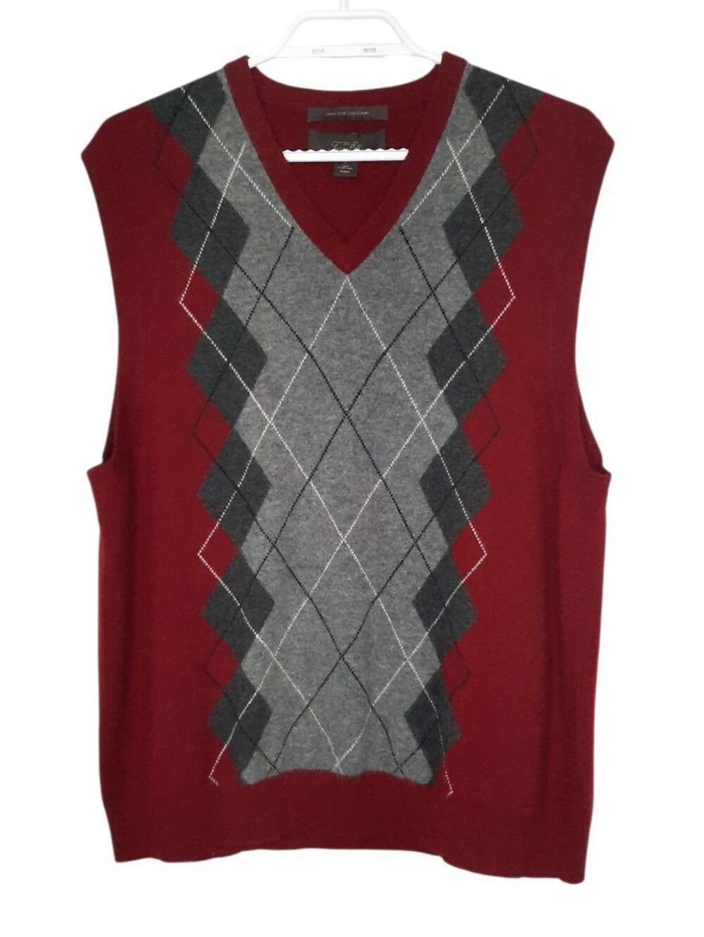 Tasso Elba Fine Cashmere Argyle Knit Vest Vneck Burgundy Grey Mens Size L Unisex